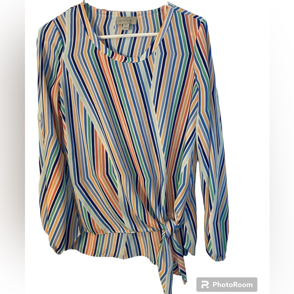 Belle Sky ladies blouse shirt XS Multicolor Striped Long Sleeve Tie Front